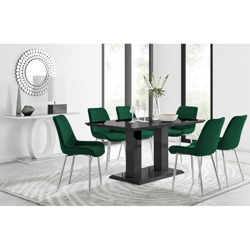 Eubanks High Gloss Double Pillar Dining Table Set with 6 Luxury Velvet Upholstered Dining Chairs, Black, Green/Silver