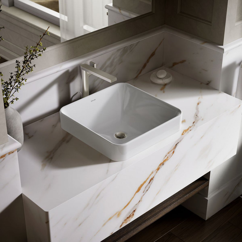 Vox Ceramic Square Vessel Bathroom Sink with Overflow, White
