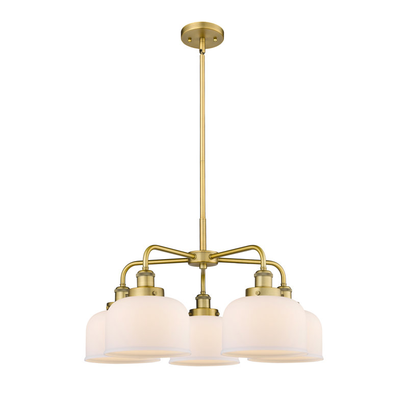 Lustre en verre à 5 lumières Bell, Blanc mat, Laiton brossé