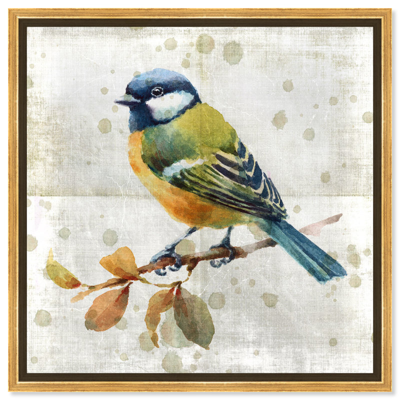 Oiseau bleu - peinture sur toile, H 12 po x l 12 po, Cadre doré