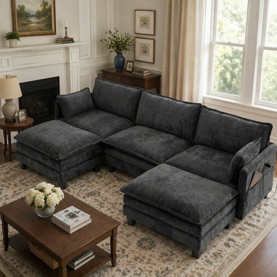 Modern Black Chenille Sofa Set, 3-Seat Couch With Individual Matching Ottoman, Modular Living Room Furniture With Built-In USB Ports And Side Pockets.