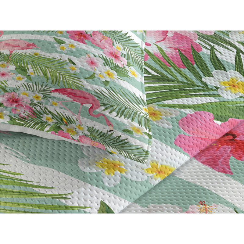 Tropical Flamingo and Floral Twin Bedspread Set in White and Green
