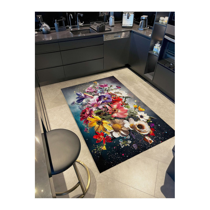 Tapis décoratif moderne à motif de fleurs multicolores lavables, Sous-tapis rectangulaire de 3 pi 3 po x 4 pi 11 po