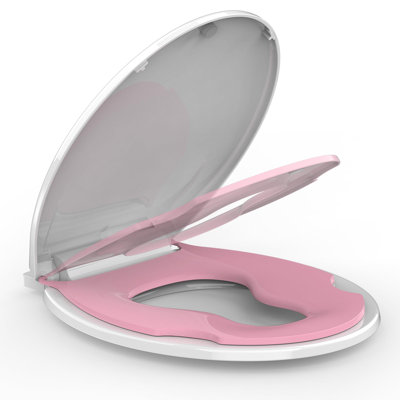 Siège de toilette, siège de toilette familial avec siège d'entraînement intégré, siège de toilette standard pour adultes et tout-petits, fermeture lente, facile à installer et à nettoyer, blanc et rose