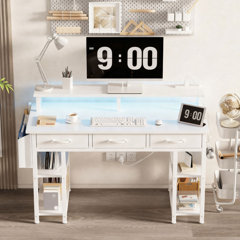 47 Inch Home Office Computer Drawers Desk With Monitor Stand Charging Station