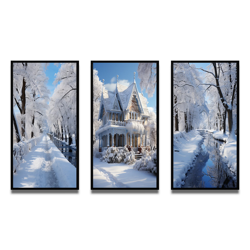 «Winter Snowy Serenity», 3 pièces sur toile, H 28 po x l 12 po, Cadre noir