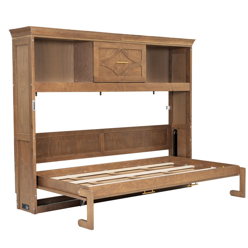 Lit escamotable simple avec station de charge et tiroir, Bois