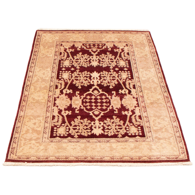 Tapis unique en laine noué à la main 4 pi 1 po x 6 pi 2 po nouvel âge Peshawar en brun / rouge / crème
