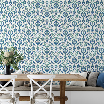 Adhésif décoratif damassé florale d'inspiration Iznik - Papier peint adhésif bleu et bleu sarcelle pour murs décoratifs bohémiens