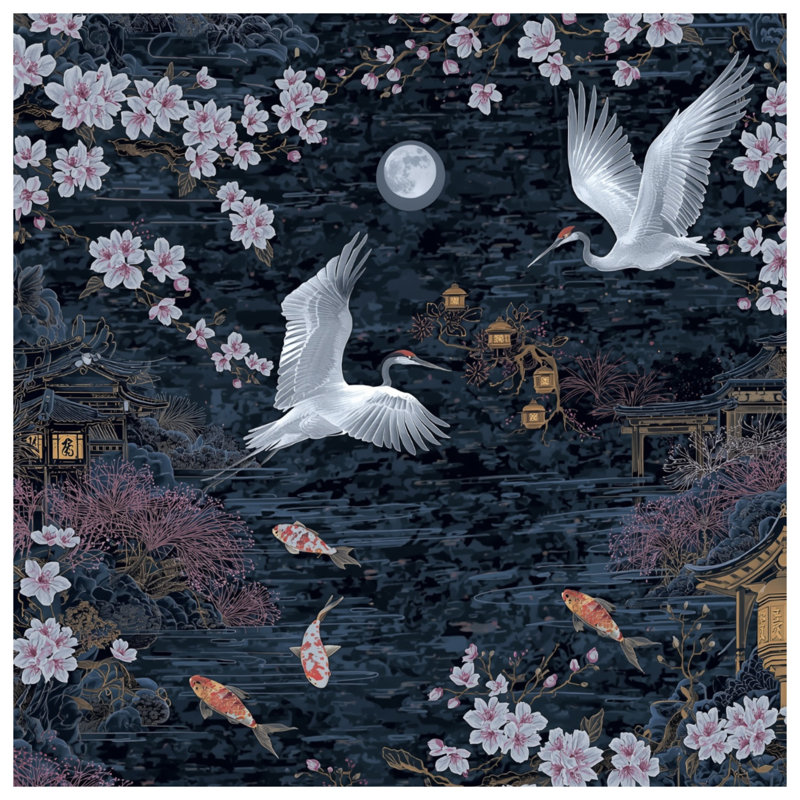 Rideaux Crane Cherry Blossoms Moon, Blocage, 50 po x 80 po - 1 panneau