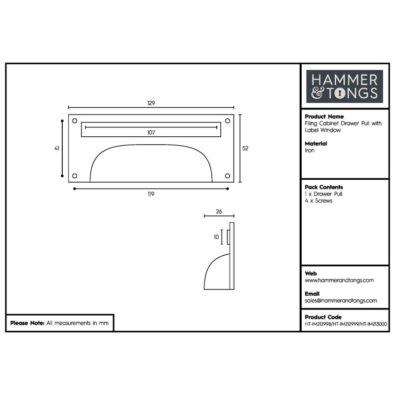 Hammer & Tongs - Filing Cabinet Cup Handle with Card Frame - W130mm x H50mm - Raw