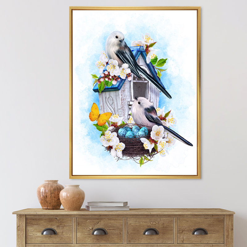 Deux oiseaux à mésange assis près du nid avec œufs II - impression sur toile, H 32 po x l 16 po x P 1 po