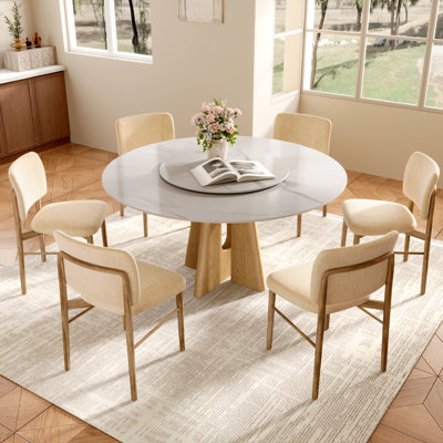 Amberly 47''/53''/59'' Curated Round Dining Table with Spinning Lazy Susan | Sculptural Architectural Solid Wood Pedestal