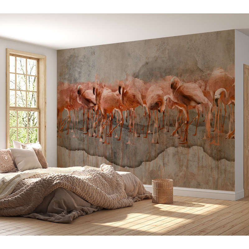 Papier peint animalier - Flamants roses sur fond de béton, L 82 po x l 118 po