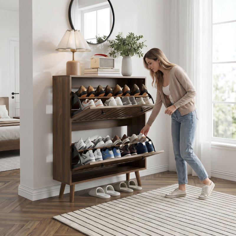 Walnut Shoe Storage Cabinet For Hallway, Foyer, Living Room, 37.41" H x 31.5" W x 9.45" D