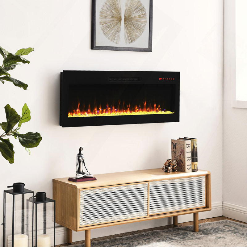 42" Recessed Ultra Thin Tempered Glass Front Wall Mounted Electric Fireplace With Remote And Multi Color Flame And Ember Bed, LED Light Heater