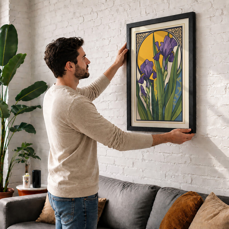 Purple Irises in Gold Botanical - Framed Print, A3 - 42.0 x 29.7 cm, Black