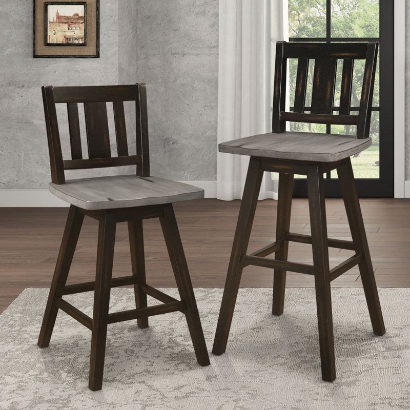 Ensemble de 2 chaises de bar en bois d'hévéa massif avec dossier à lattes verticales pivotant à 360 ° noir et gris