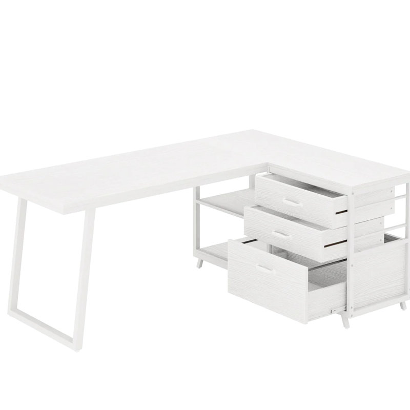 Bureau à dessin en forme de L blanc pour le bureau personnel 2 petits tiroirs, 1 grand tiroir, des tablettes ouvertes, un bureau spacieux de l 53 po x P 19,7 po, facile à assembler et avec beaucoup de rangement