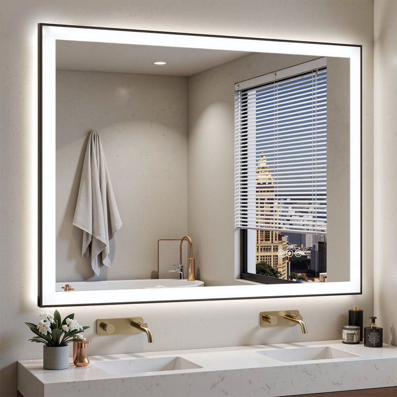 Miroir de salle de bain en aluminium mat brillant avec lumières DEL à l'avant et à l'arrière, 3 températures de couleur, intensité variable, verre trempé anti-buée, fonction mémoire et homologué ETL