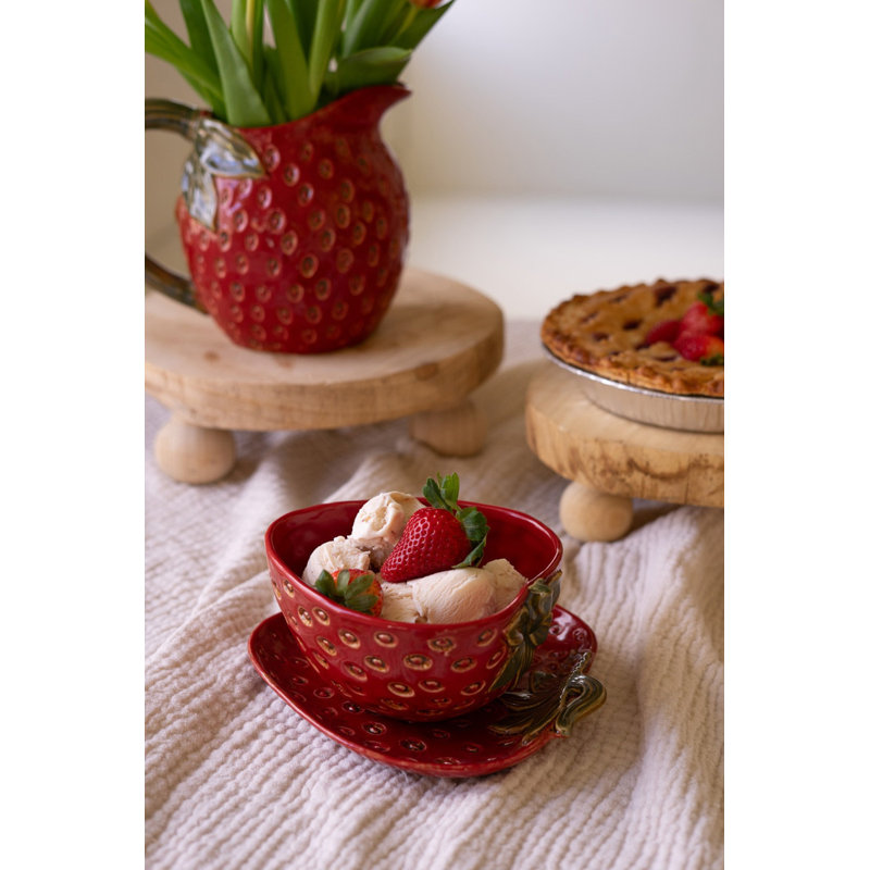  Set of Two Ceramic Serving Platters Strawberry Design Decorative Serveware for Tabletop Decor Red and Green Glazed Textured Finish