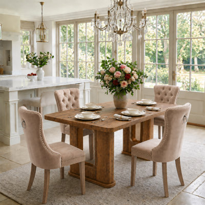 64.5" Dining Room Table Set for 4, Farmhouse Wood Kitchen Table with Decorative Pedestal Legs & 6 Tufted Velvet Chairs