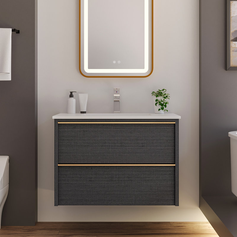 Meuble-lavabo flottant 30 po avec lavabo, meuble-lavabo moderne avec 2 tiroirs et poignées en métal, meuble-lavabo gris, gris 