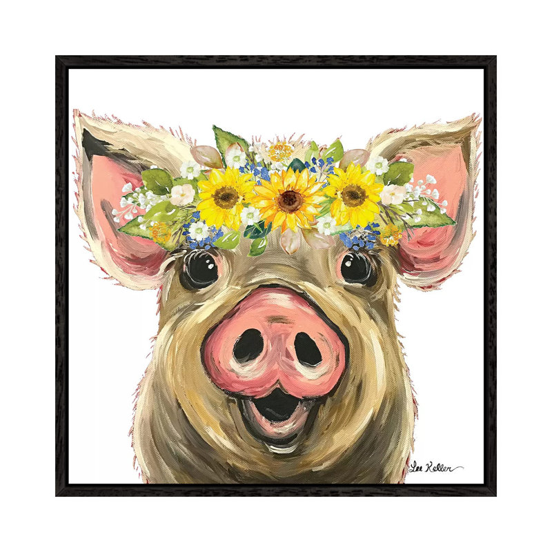 Posey The Pig With Sunflower Flower Crown - Painting on Canvas, 66.04cm H x 66.04cm W x 3.81cm D, Black Framed