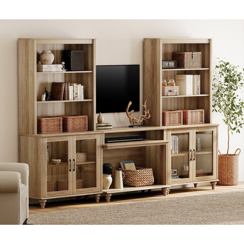 Farmhouse TV Stand With Bookshelves For 40 Inch, Modern Entertainment Center With Glass Door, Oak