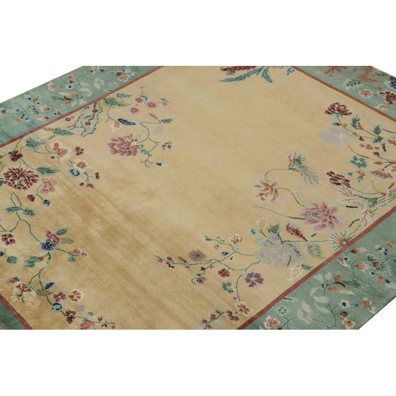 Rug & Kilim’S Chinese Art Deco Rug In Gold With Multicolor Floral Patterns, Rectangle 12' x 18'