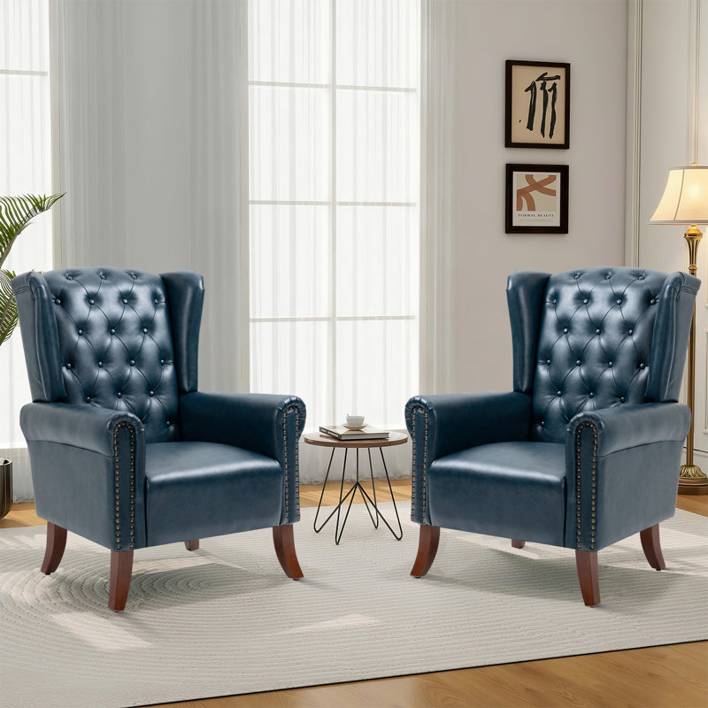 31.5" Wide Faux Leather Wingback Chair, Dark Blue Faux Leather