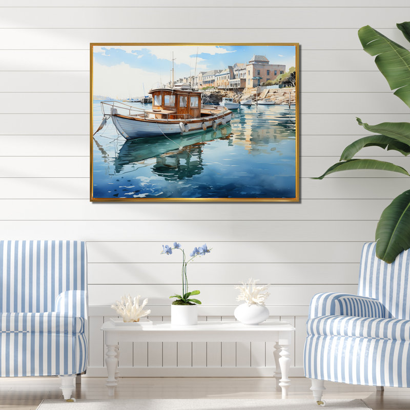 «Port Harbor Reflections», reproduction sur toile, H 24 po x l 32 po x P 1 po, Cadre flottant doré