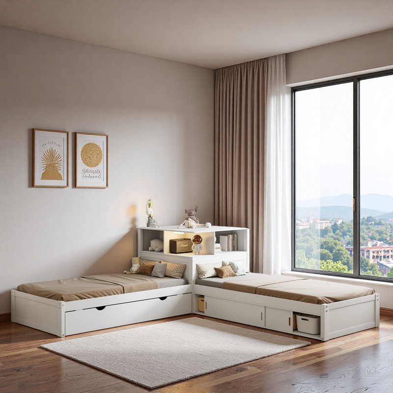 Lit plateforme en L avec armoires de rangement, bureau, lit gigogne et éclairage à DEL, Blanc