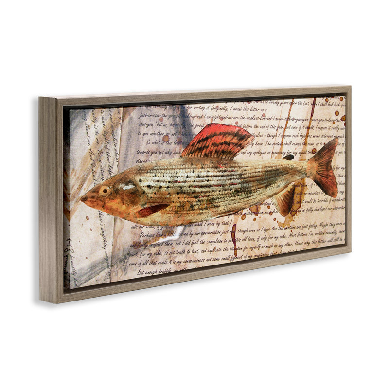 «Fish with Vintage Text» par Alonzo Saunders, H 11 po x l 25 po, Cadre flottant orme Montalcino