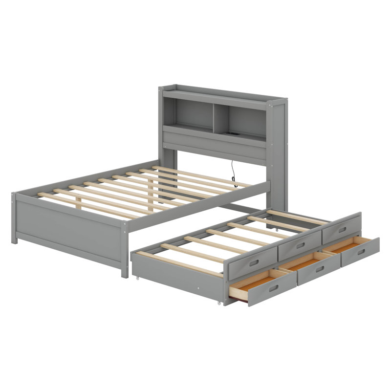 Lit plateforme double avec prises USB et 3 tiroirs, lit en bois massif avec tête de lit et lit gigogne, Gris