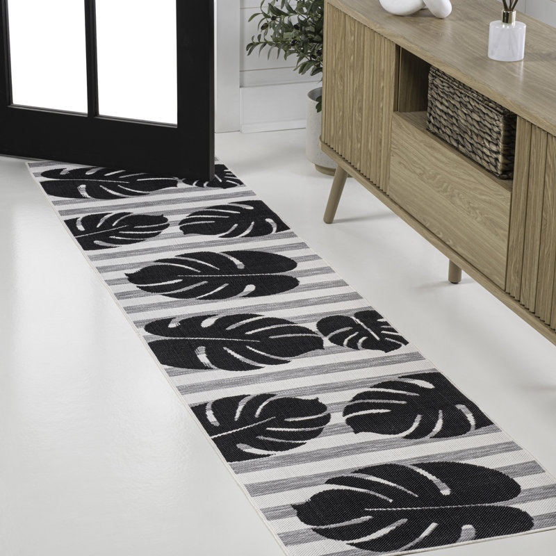 Tapis d'intérieur / extérieur noir / gris Colgin Classic Beach Stripe and Monstera Leaf, Tapis de couloir 2 pi x 7 pi 10 po
