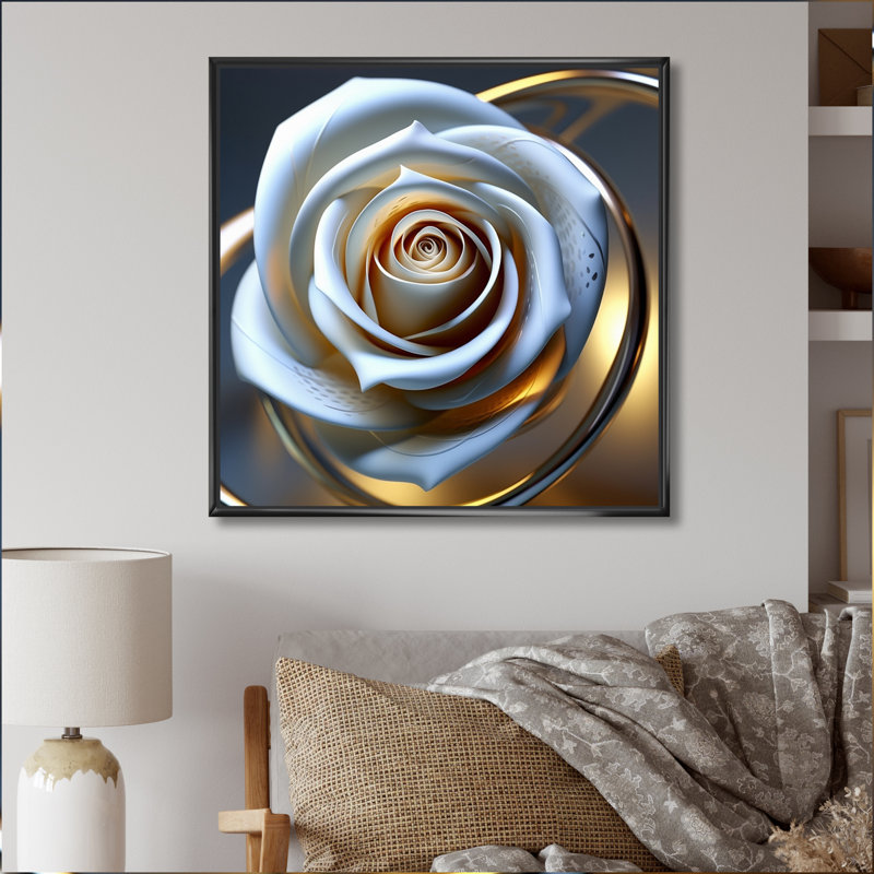Rose blanche Exquiste avec pétales glamour dorés, H 30 po x l 30 po x P 1 po, Cadre flottant noir