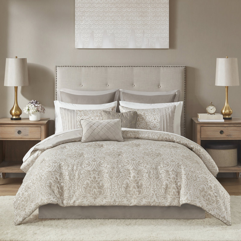 Édredon pour très grand lit 12 pièces, kaki avec motif doré, et édredon lavable à la machine, motif, décoratif