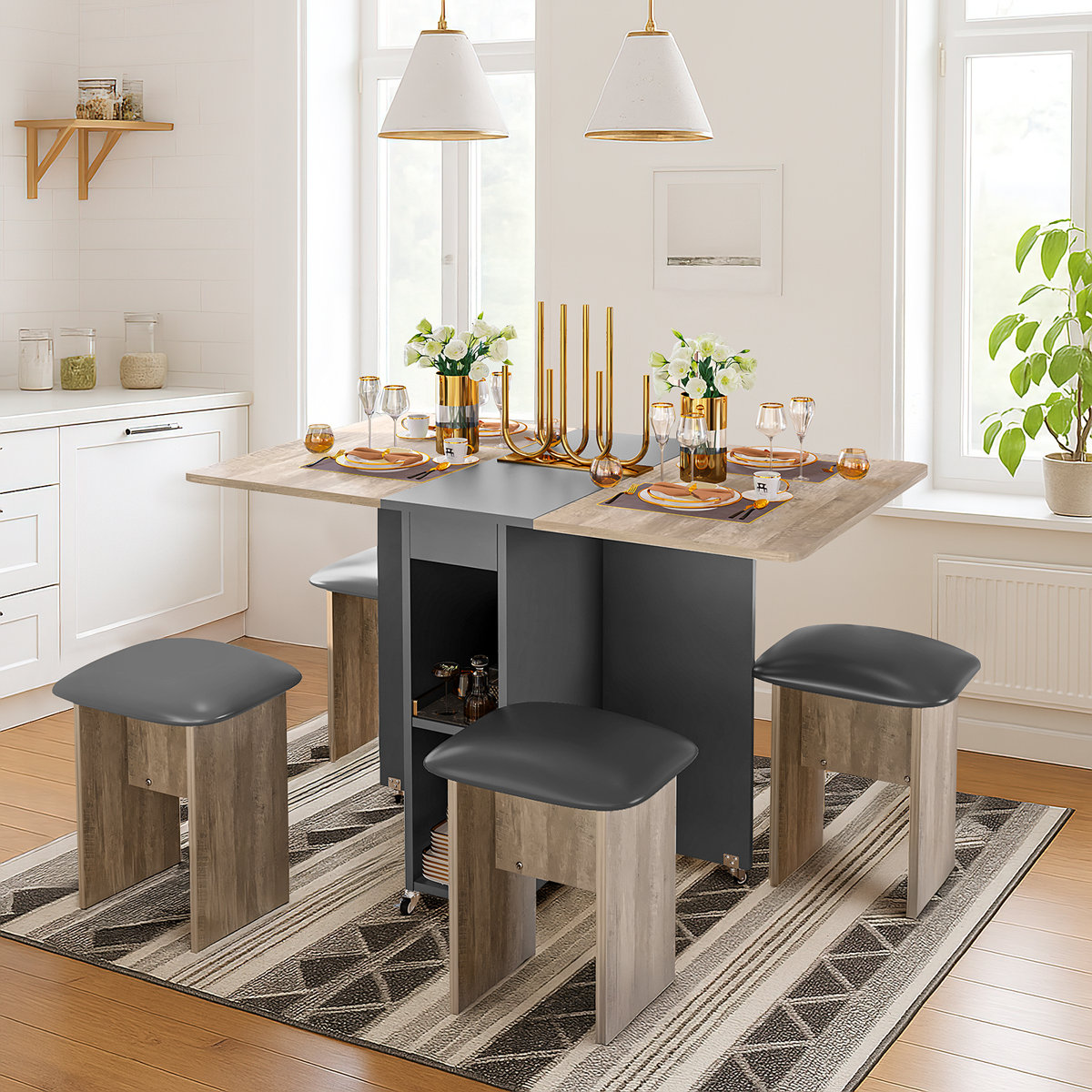 17 Stories The Movable Multi-functional Folding Dining Table And Chairs ...