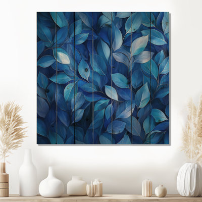 Cobalt Leaves In Moon Light Collage III - Leaves  Wood Wall Decor - On Natural Pine Wood