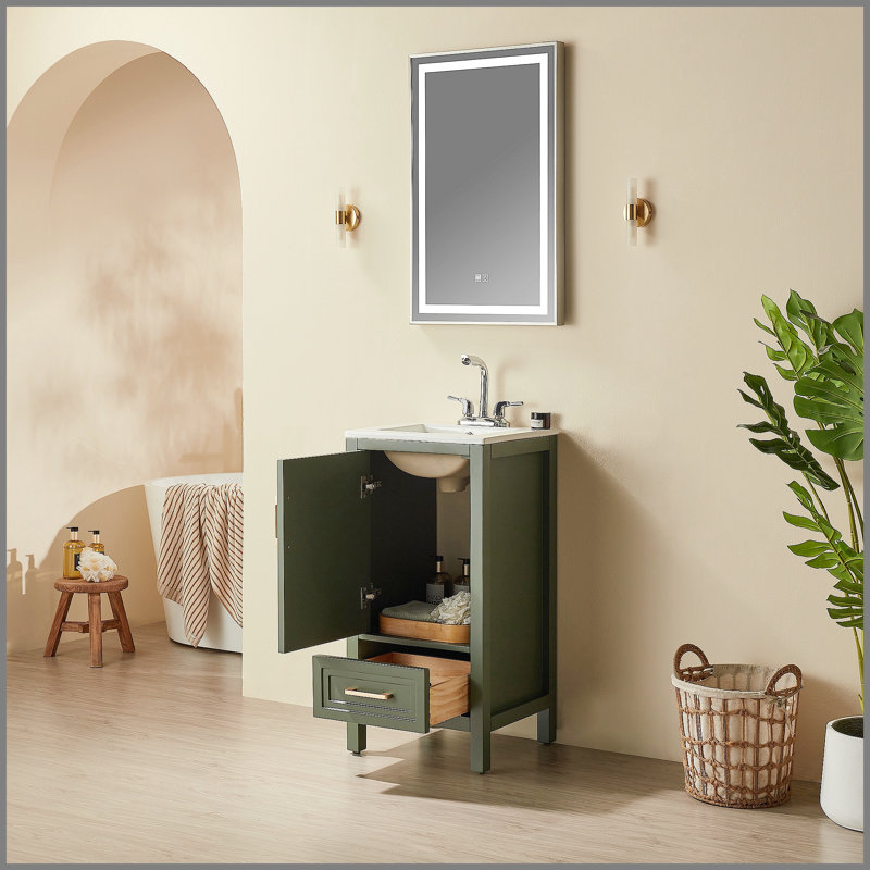 Meuble-lavabo sur pied vert simple entièrement assemblé de 18 po avec plateau en céramique à 3 trous