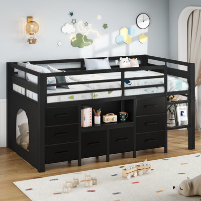 Metal Twin Low Loft Bed with 8 Storage Drawers and Bookcase, Under-bed Play Space & Play Curtain