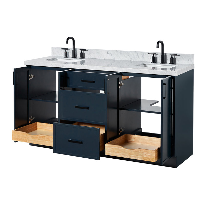 Ariel Kelly 67 Inch Double Rectangular Sink Bathroom Vanity With Italian Carrara Marble Countertop, Midnight Blue