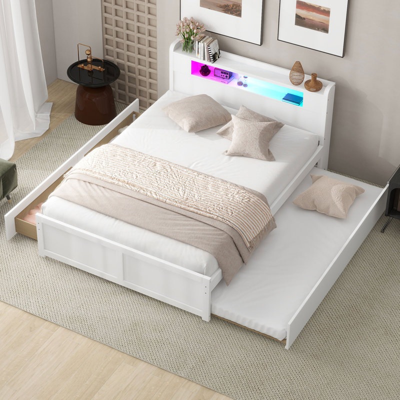 Queen Size Wood Storage Platform Bed With LED, 2 Drawers And 1 Twin Size Trundle, White, White