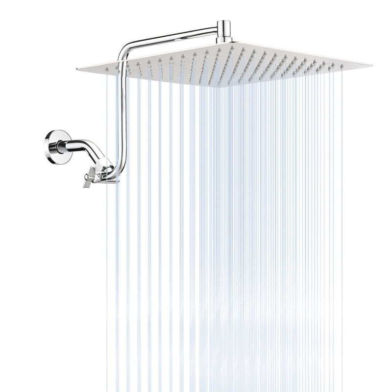 12" Square Showerhead With Adjustable Arm - Stainless Steel Construction, Self-Cleaning, Bathroom Accessory 12 Inch Rain Shower In Steel, Full Body Coverage, Wall Mounted Fixture