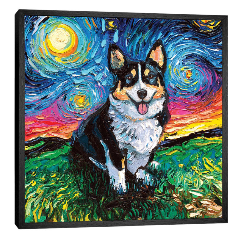 Tri-Color Corgi Night by Aja Trier - Floater Frame Painting on Canvas, 93.98 cm H x 93.98 cm W, Black Framed
