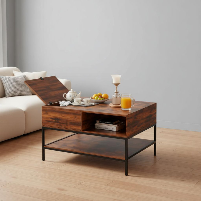 Table basse à plateau rabattable avec rangement Farmhouse - Table en grain de bois rustique de 31,5 po, compartiment de rangement caché pour le salon, structure en métal robuste - facile à assembler et à nettoyer