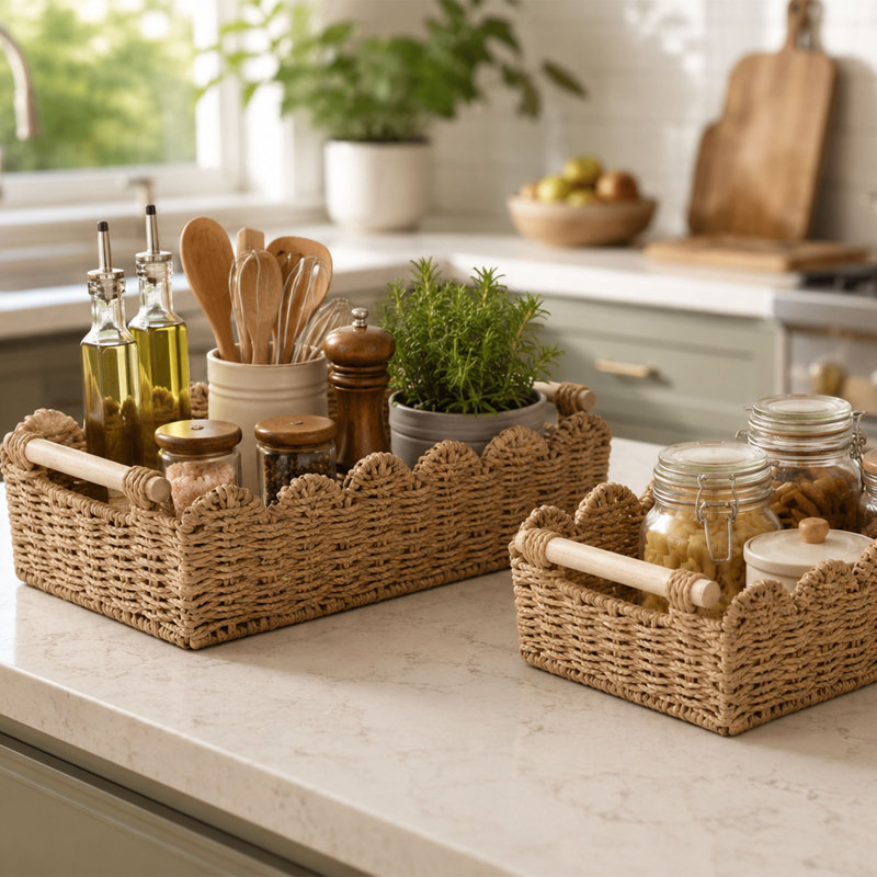 Paper Rope Storage Basket Set of 2 with Wooden Handles, Scalloped Woven Organizer Baskets for Toilet Paper, Bathroom and Home Storage Decor, Beige