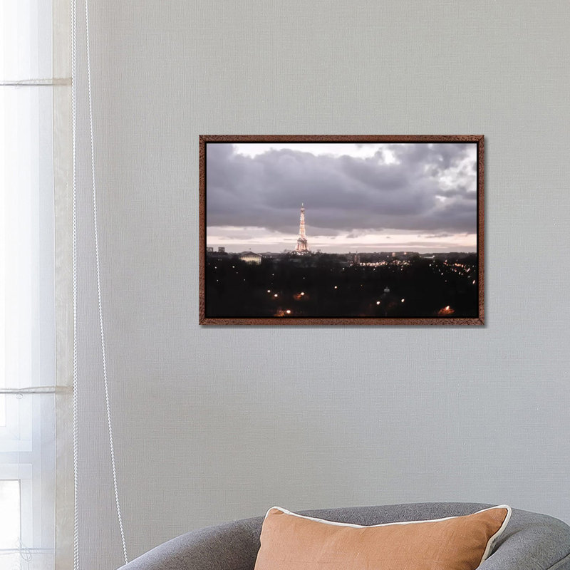 Paris Dusk - Print on Canvas, 45.72cm H x 66.04cm W x 3.81cm D, Classic Brown Wood Framed