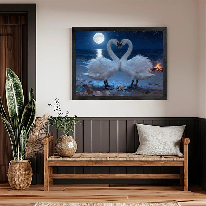 Art encadré noir avec cygne au clair de lune, impression de cadre côtier enchanteur, H 13 po x l 17 po